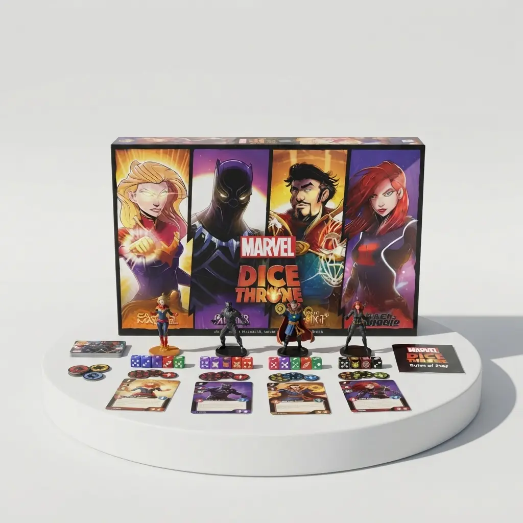 Boîte du jeu Dice Throne Marvel : Captain Marvel, Black Panther, Dr Strange, Black Widow
